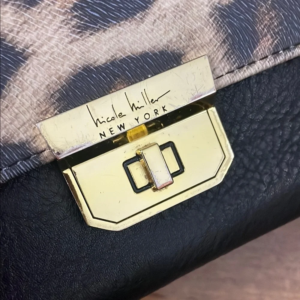 Nicole Miller Black Leather and Leopard Print Wallet with Gold Hardware